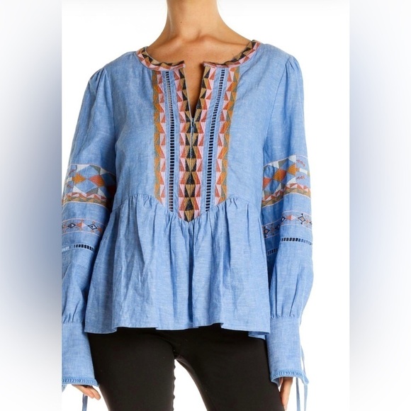 a loves a Blue Embroidered Bohemian Linen Top size medium Western Rodeo Country - Picture 1 of 9
